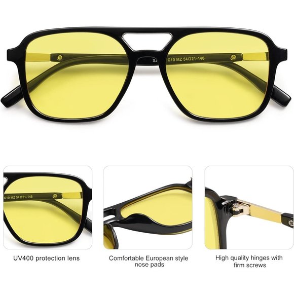 Women Black Yellow Grading Square Oversized Retro Polarized Sunglasses - Picture 4 of 5